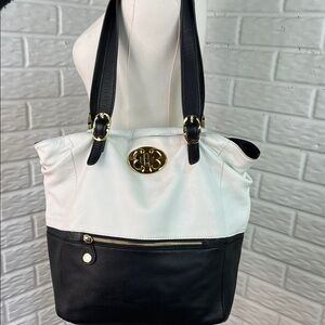 EMMA FOX BLACK AND WHITE GENUINE PEBBLED LEATHER GOLD TWIST LOCK TOTE BAG